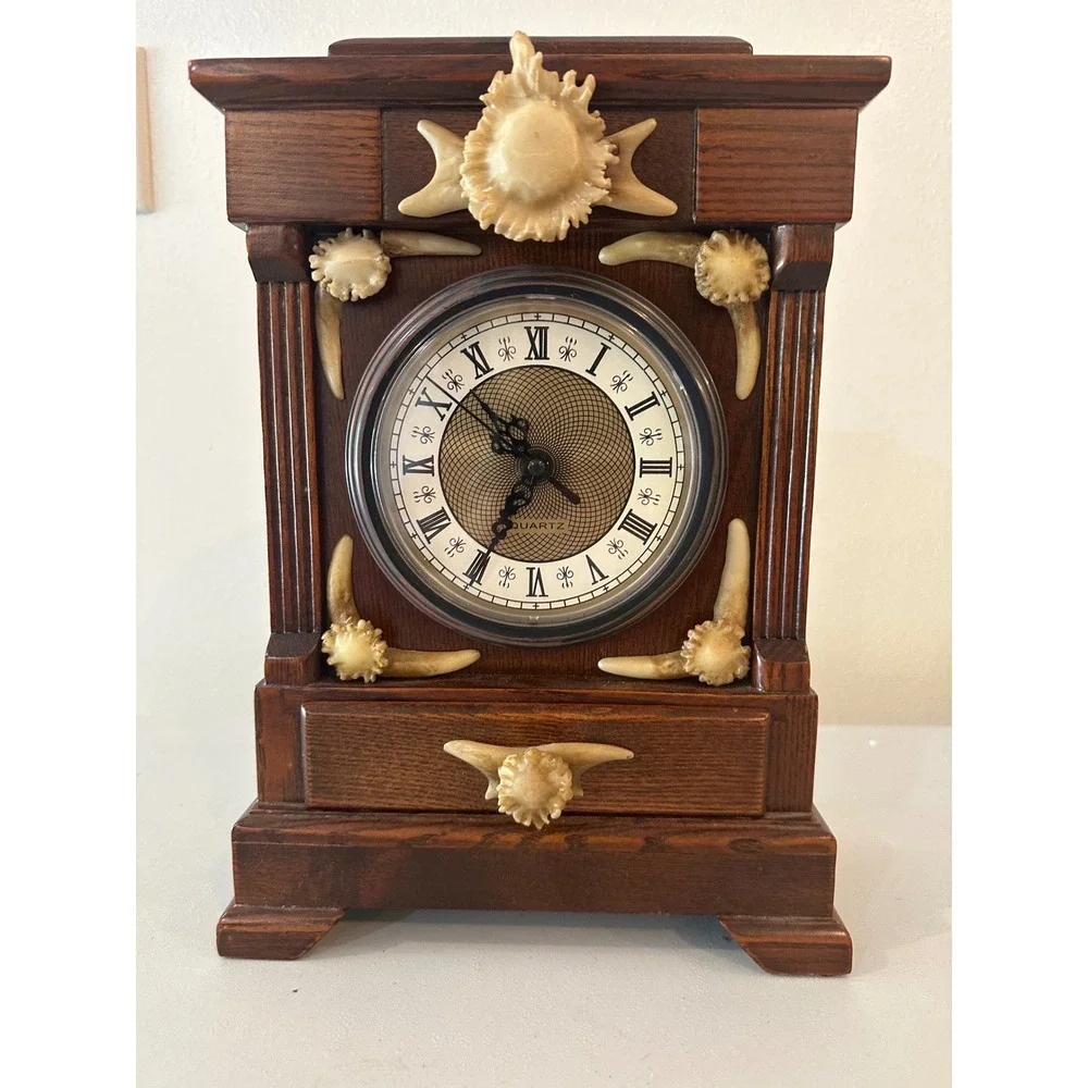 Quartz wooden neo-classical resin mantle desk clock with storage faux antler